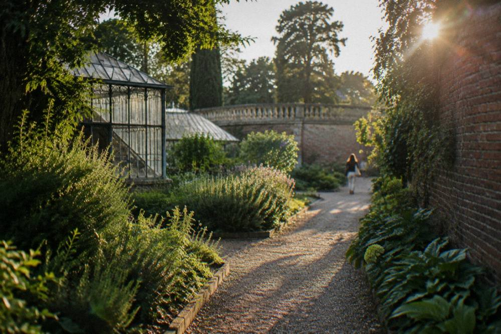 Botanical garden path lined by dense green plants and old brick walls