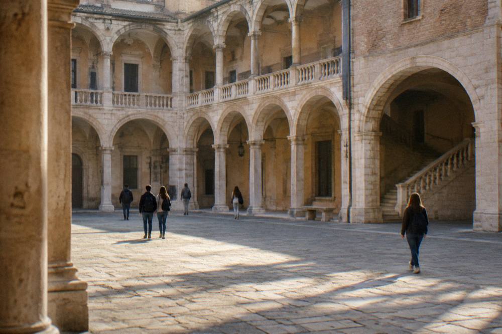 Students crossing a sunlit arcaded square in an Italian university city