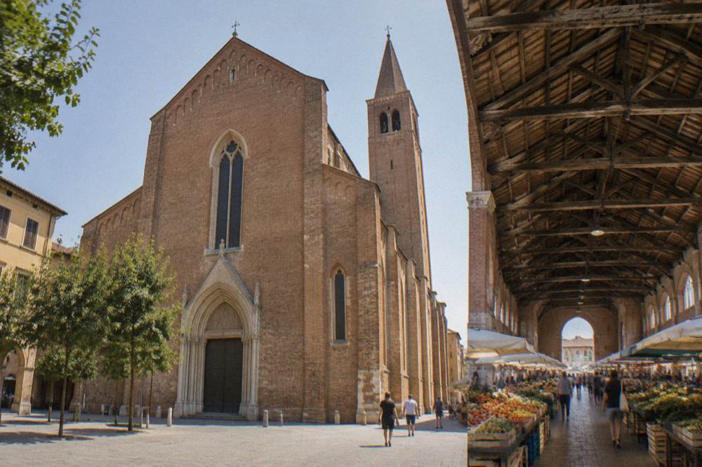 A large medieval market hall interior with an arched wooden roof above market stalls