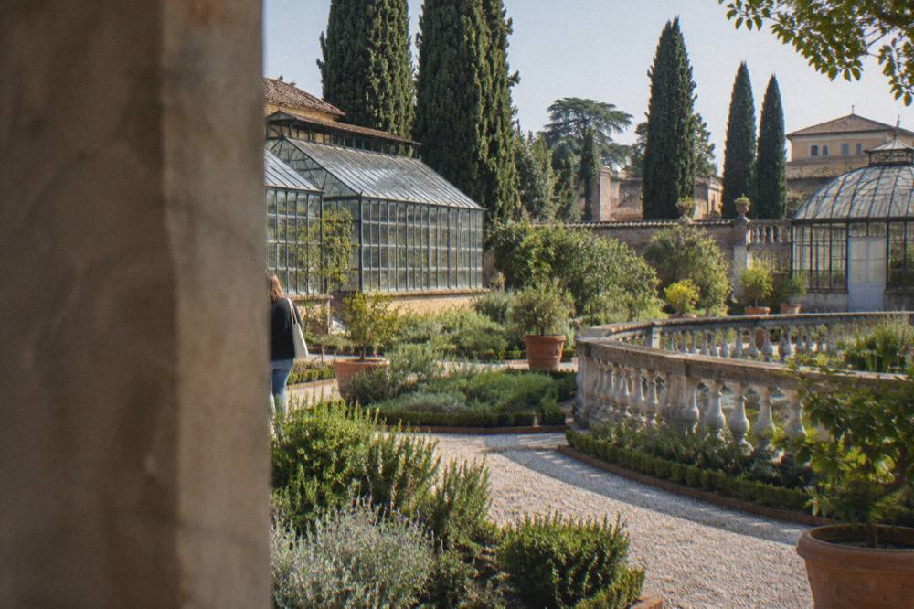 A walled historic botanical garden with cypress trees, brick paths and greenhouses
