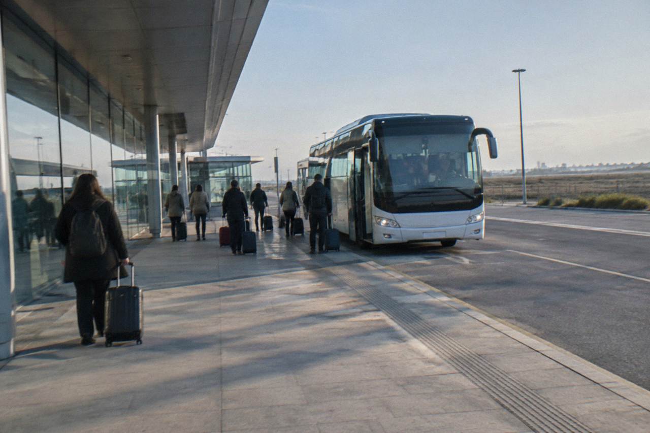 A regional bus parked at an airport curb outside a modern terminal building with travellers waiting with luggage