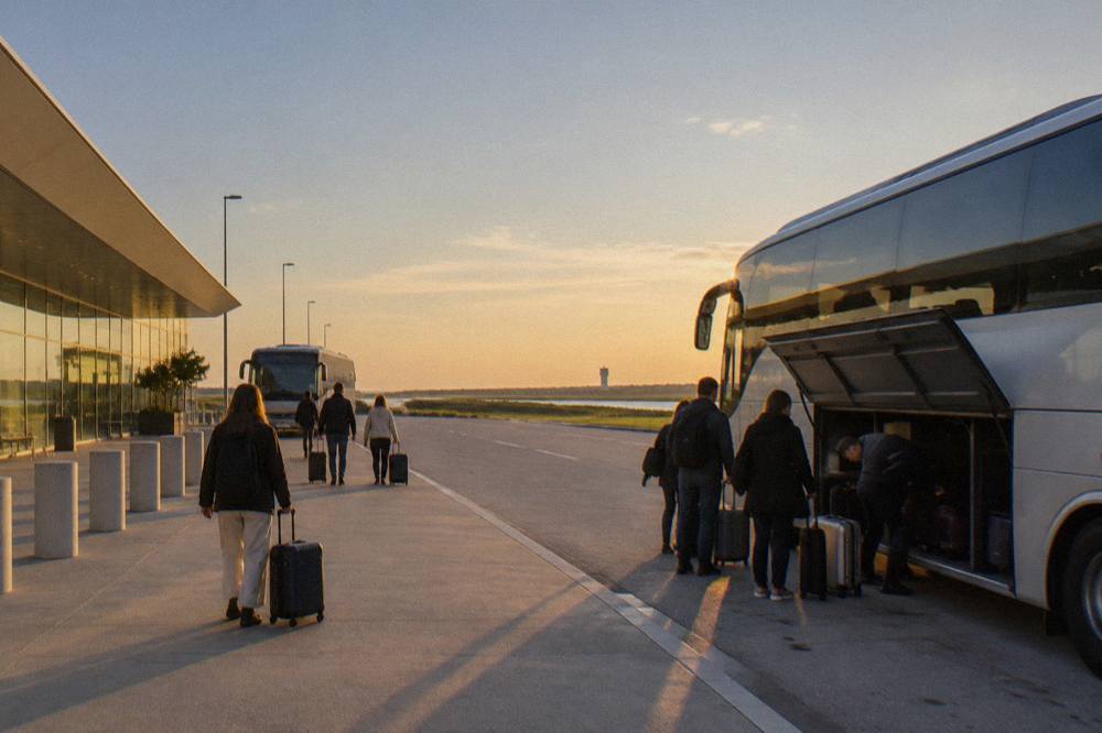 Passengers boarding a long-distance coach at an airport stop with suitcases being loaded into the hold