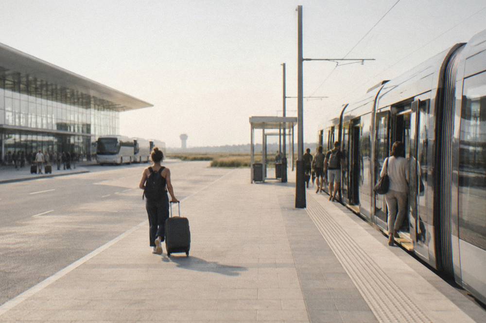 A modern tram stopped at a city station platform with passengers boarding through double doors
