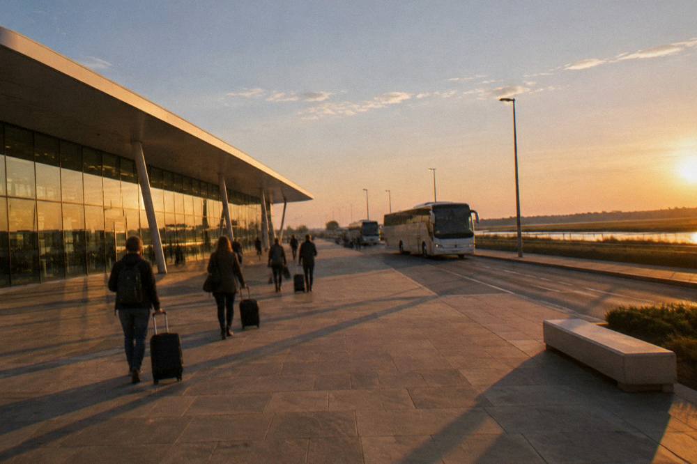 A station forecourt at dusk with a tram passing and travellers walking towards the historic city centre
