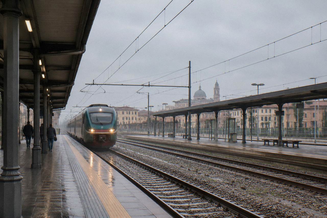 A regional train pulling into Padova station under a morning sky