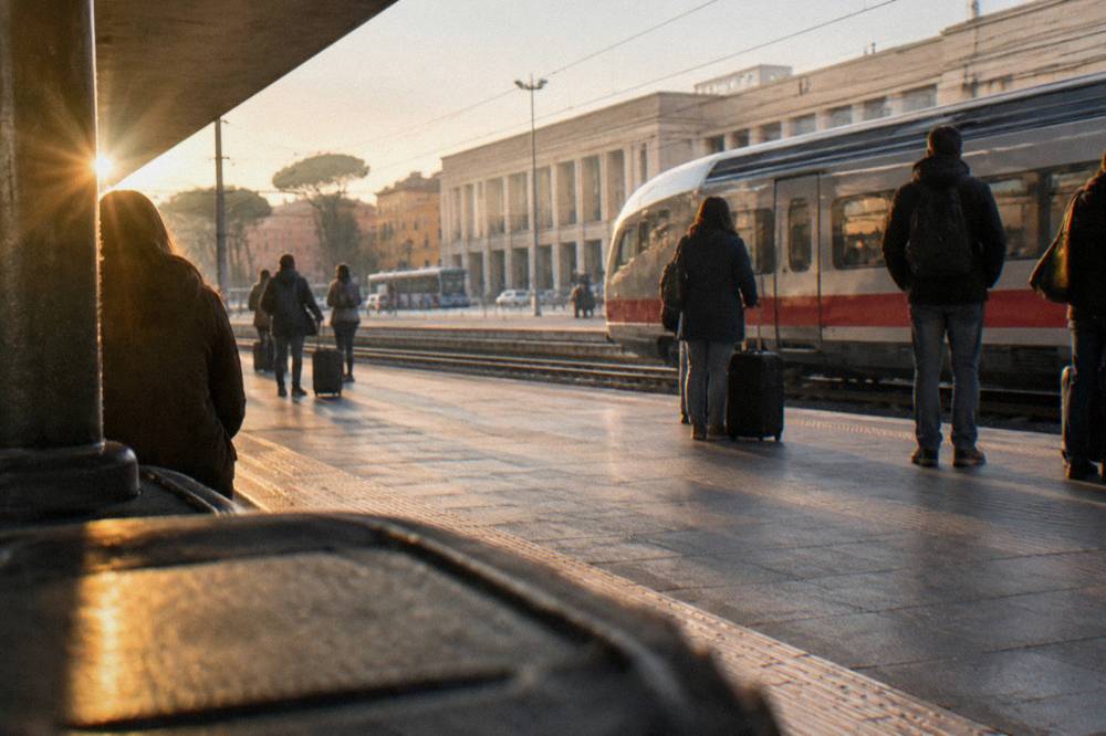 Passengers waiting on a platform at Venezia Santa Lucia station with a train at the board