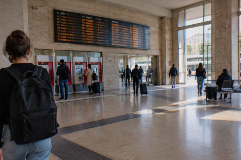 Ticket machines and departures board inside a Veneto railway station