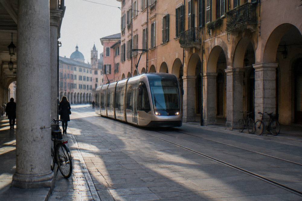 A modern tram moving along a street in Padua with arcades behind