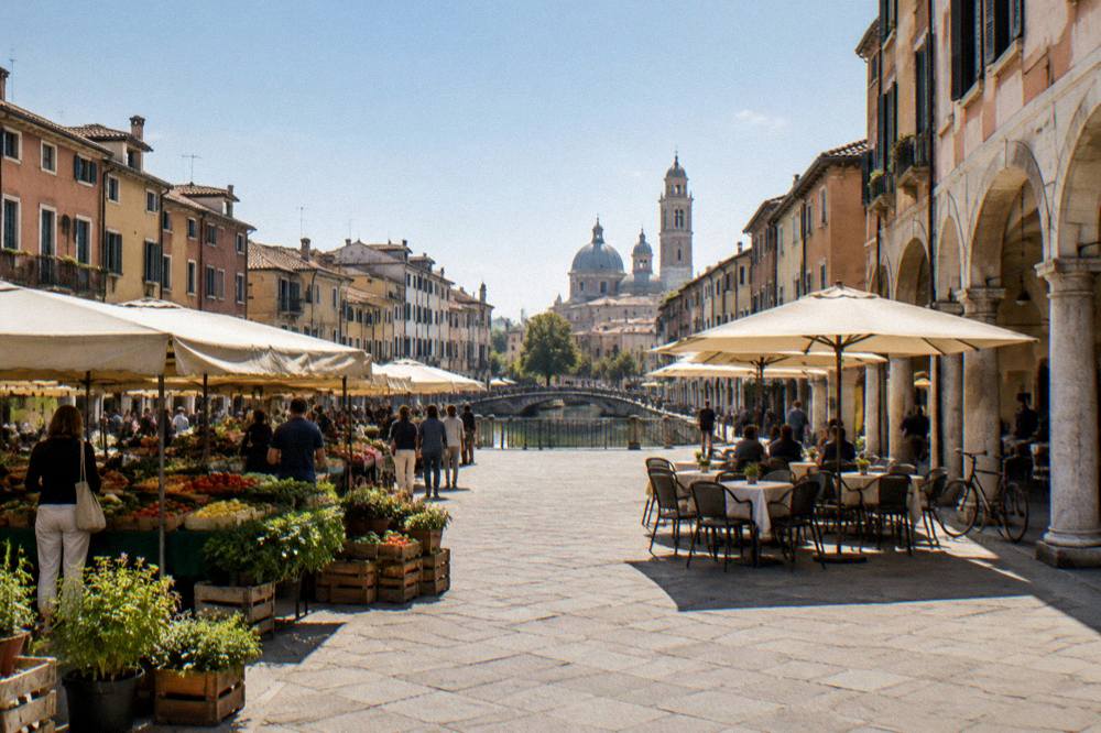 Market stalls and cafe tables on a Padua square in late afternoon light