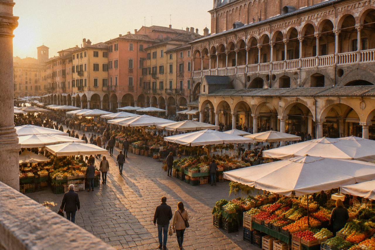 A bustling Italian market square with stalls of fresh vegetables and fruit under medieval arcades