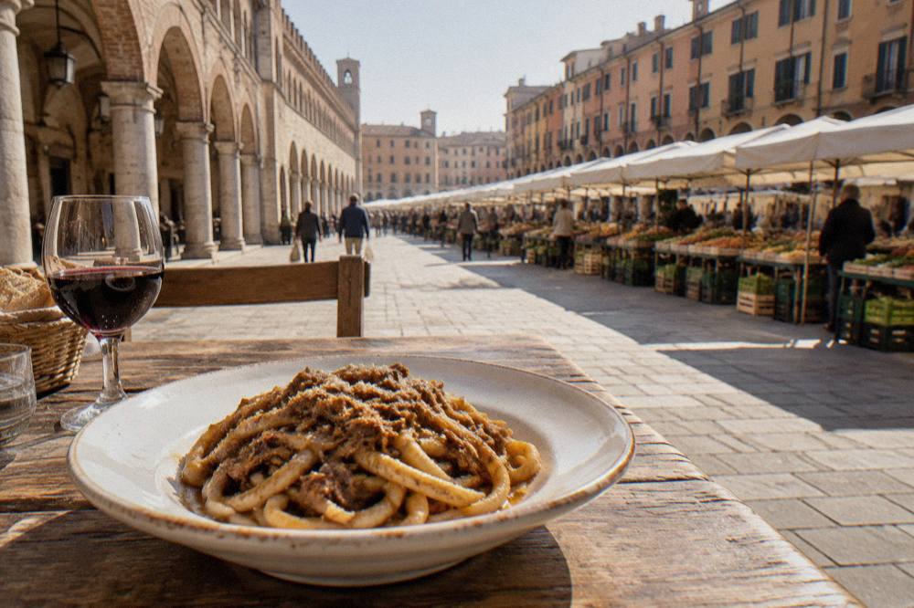 A plate of thick bigoli pasta with dark duck ragù on a rustic table