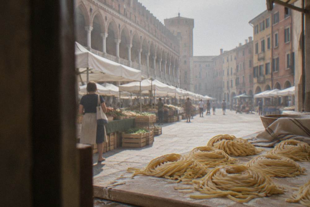 Fresh thick pasta strands coiled on a wooden board in a rustic kitchen