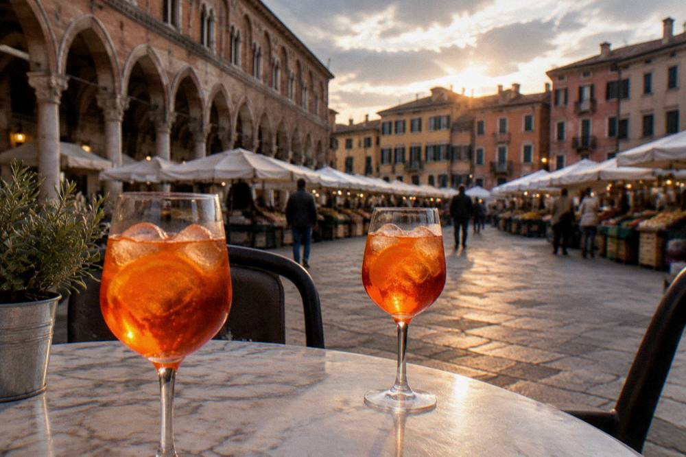 Two glasses of orange spritz on a marble table in an Italian square at dusk