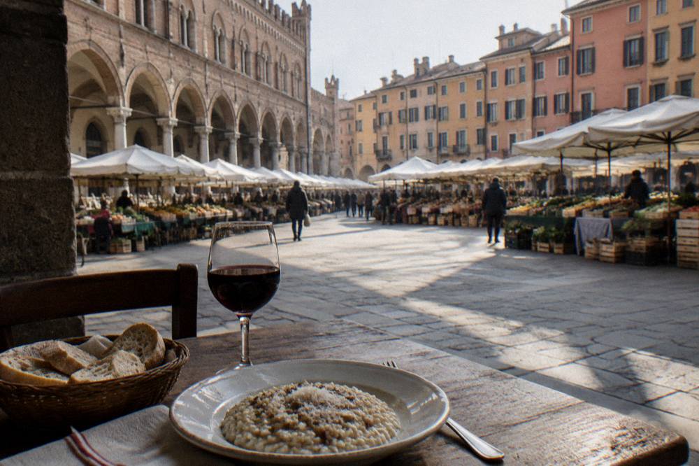 A rustic Italian table laid with bread, a glass of red wine and a dish of risotto
