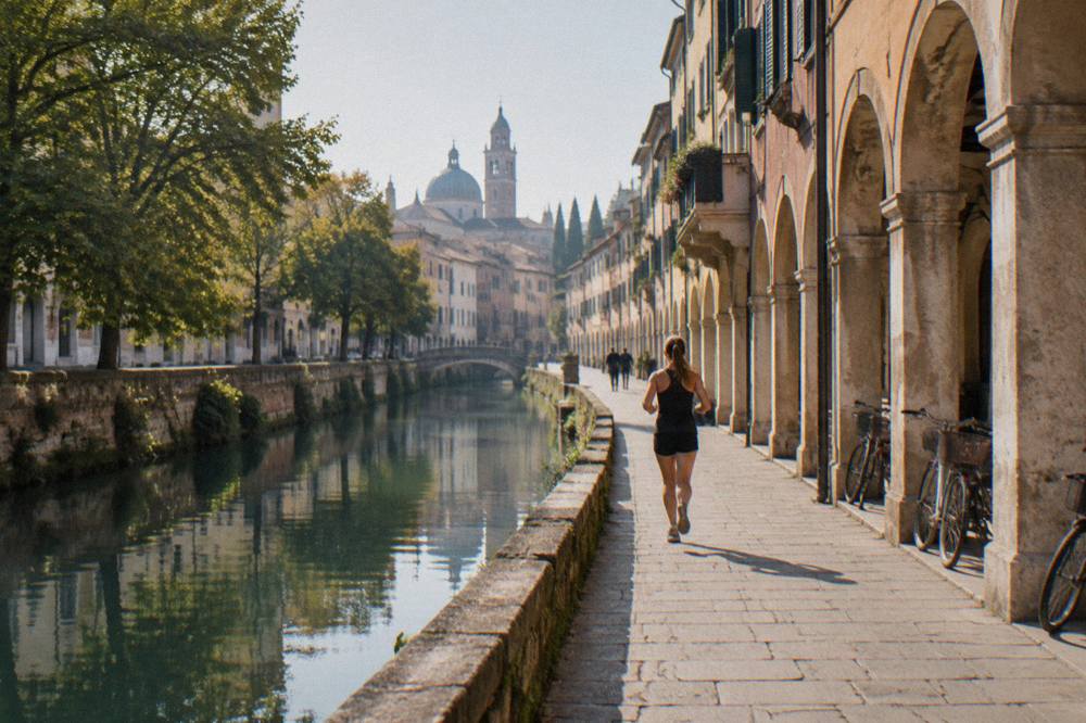A canal lined with trees and old walls along the edge of Padua's historic centre
