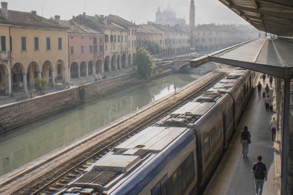 A regional train standing at a platform under the modern roof of Padua station