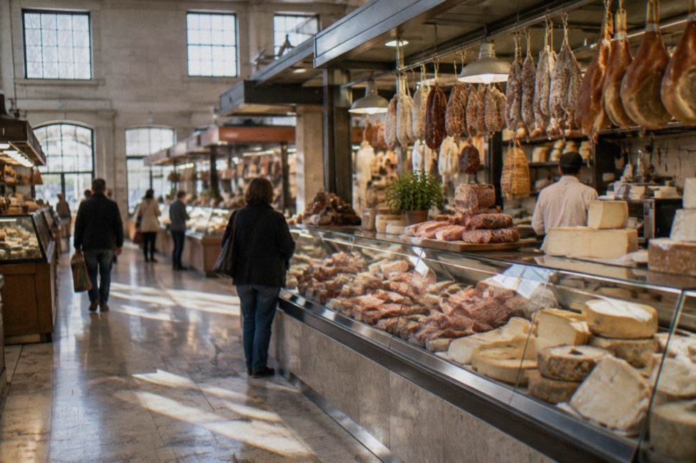 Interior of a food market hall with counters of cheese and cured meats