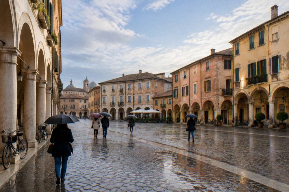 Rain-wet cobblestone square in Padua with arcades and people with umbrellas