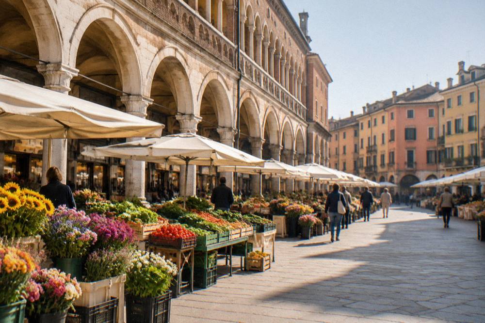 Stalls of vegetables and flowers under the arcades of Piazza delle Erbe in Padua on a bright morning