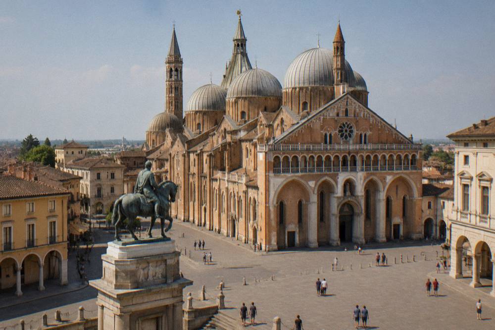 The domes and brick facade of the Basilica of Saint Anthony in Padua seen from the piazza with Donatello's equestrian statue