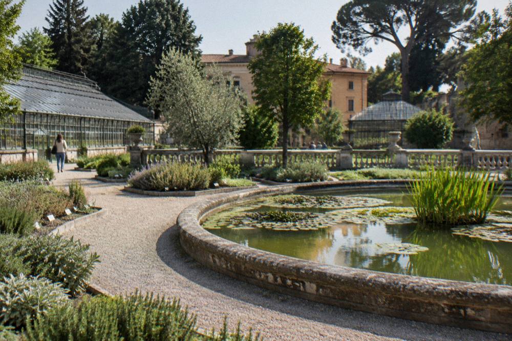 The circular pond and planted beds of the Orto Botanico botanical garden in Padua surrounded by its historic walls