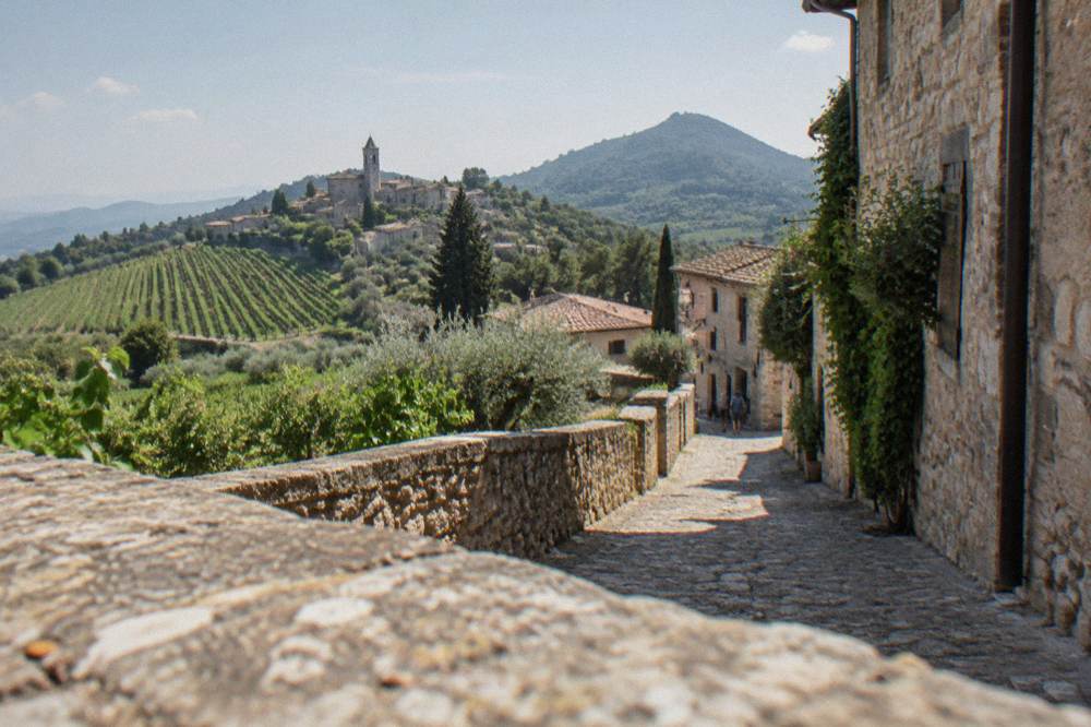 Vineyard rows on volcanic hills with a small stone village behind