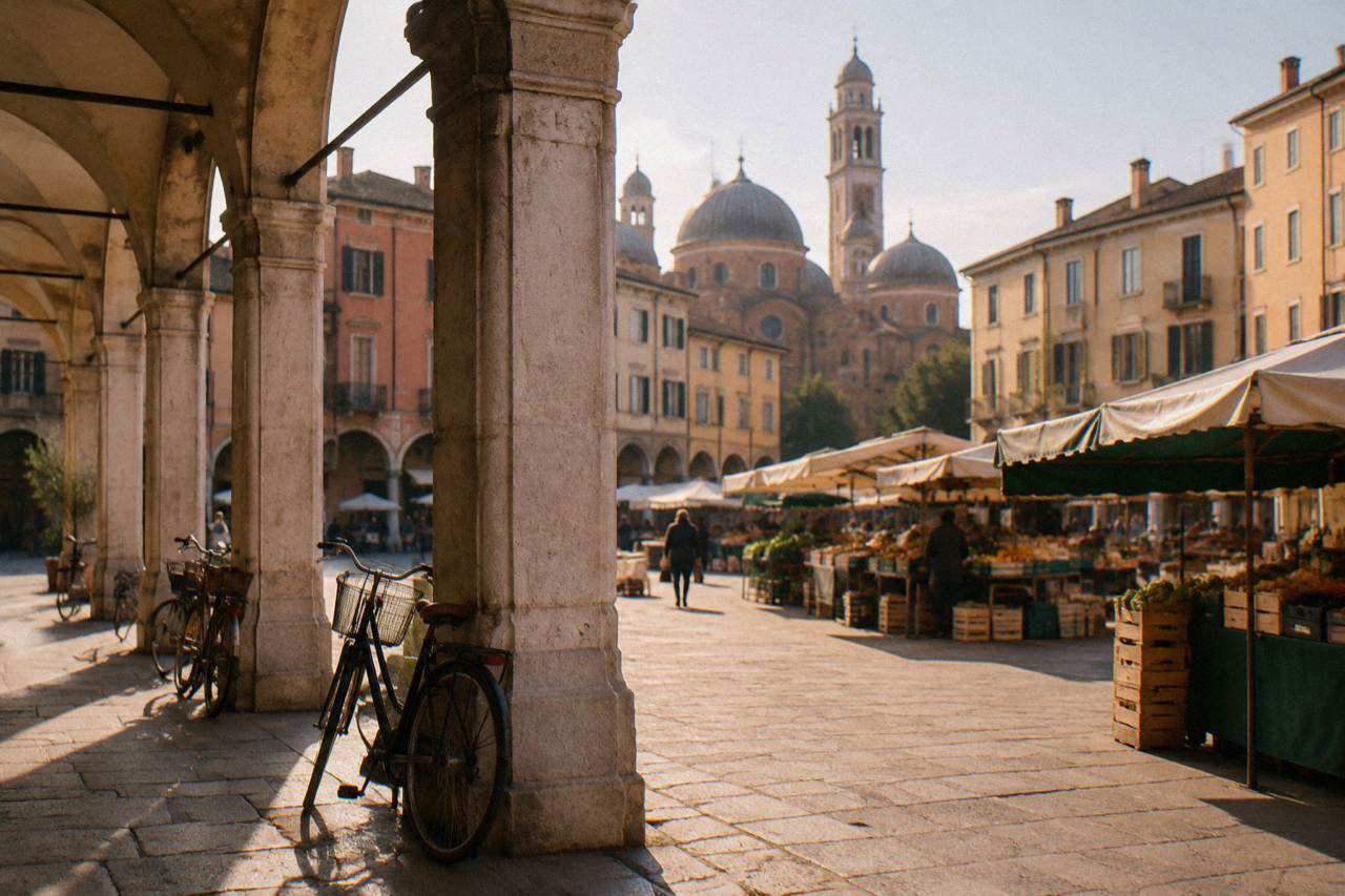 Arcaded square in central Padua with market stalls and historic buildings under soft morning light