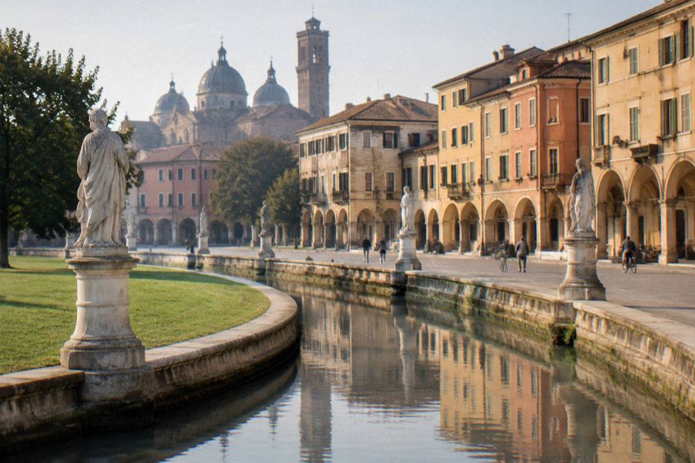 Large oval square in Padua with canal, grass island and ringed statues