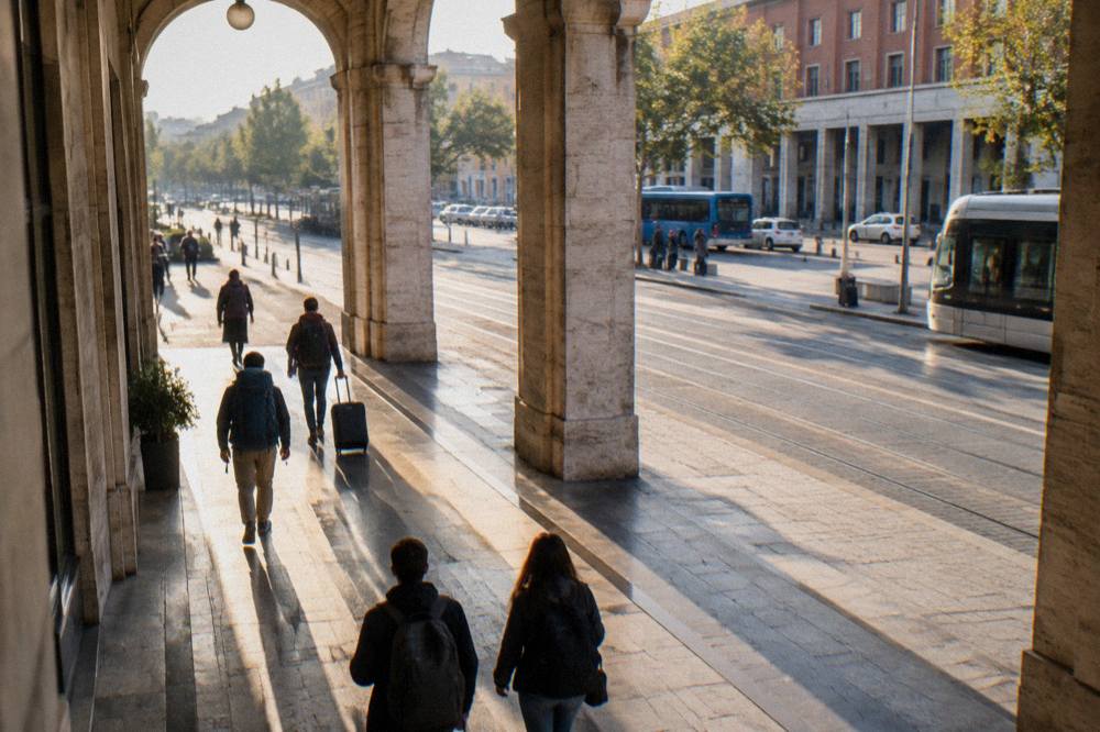 Travellers with backpacks walking through an arcade toward a sunlit Padua street