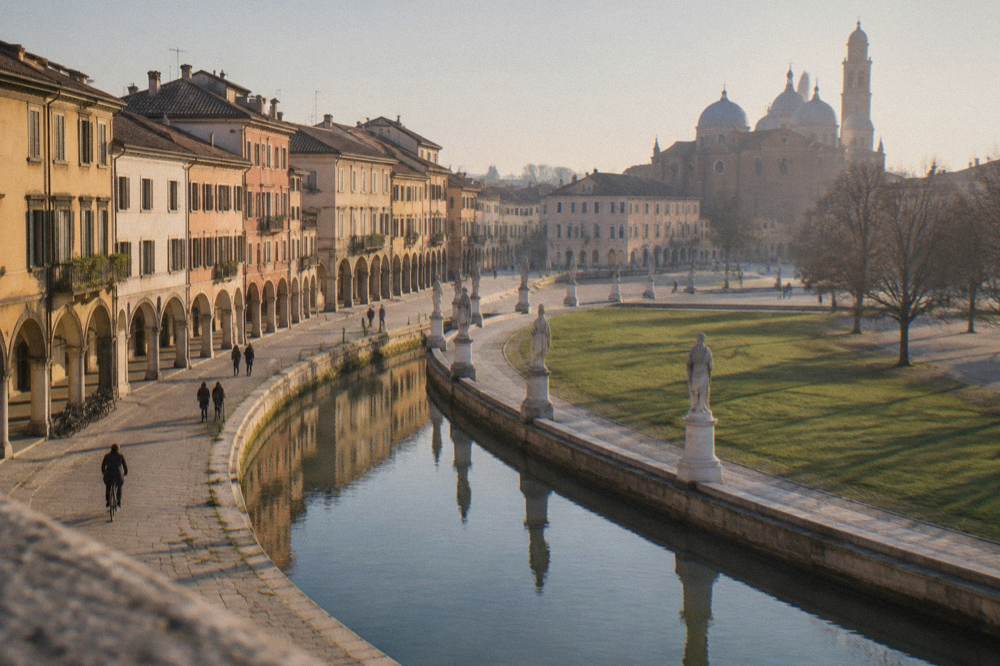 A wide oval square in Padua with a canal, grass and rows of statues