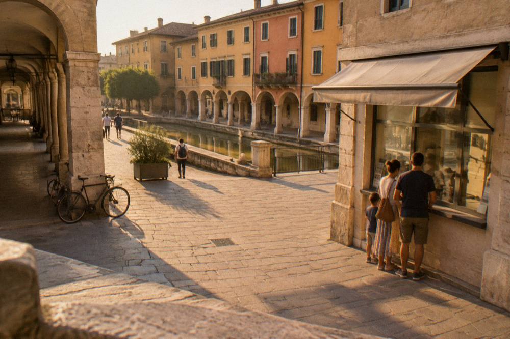 A family stopping at a tourist information office window in a Padua square