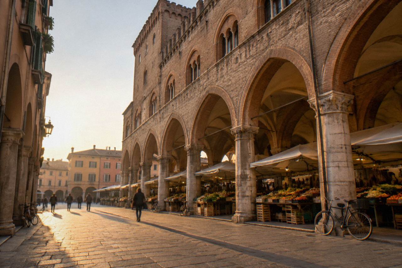 Arcaded historic centre of Padua with market stalls under the medieval palace