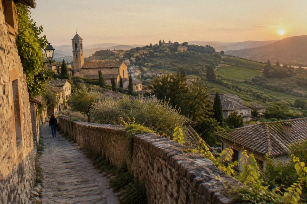 Wine terraces and a hilltop village among the Euganean Hills
