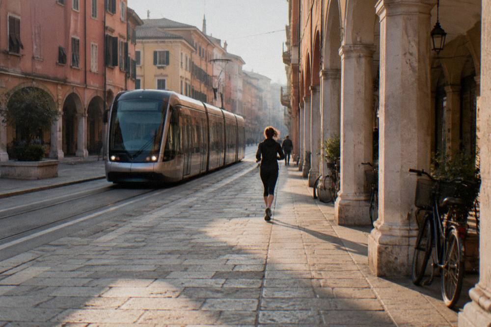 Modern tram passing through a Padua street near the railway station