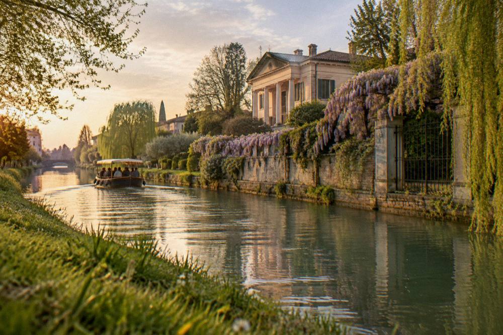Wisteria and vines shading a villa garden wall beside a Veneto canal in spring