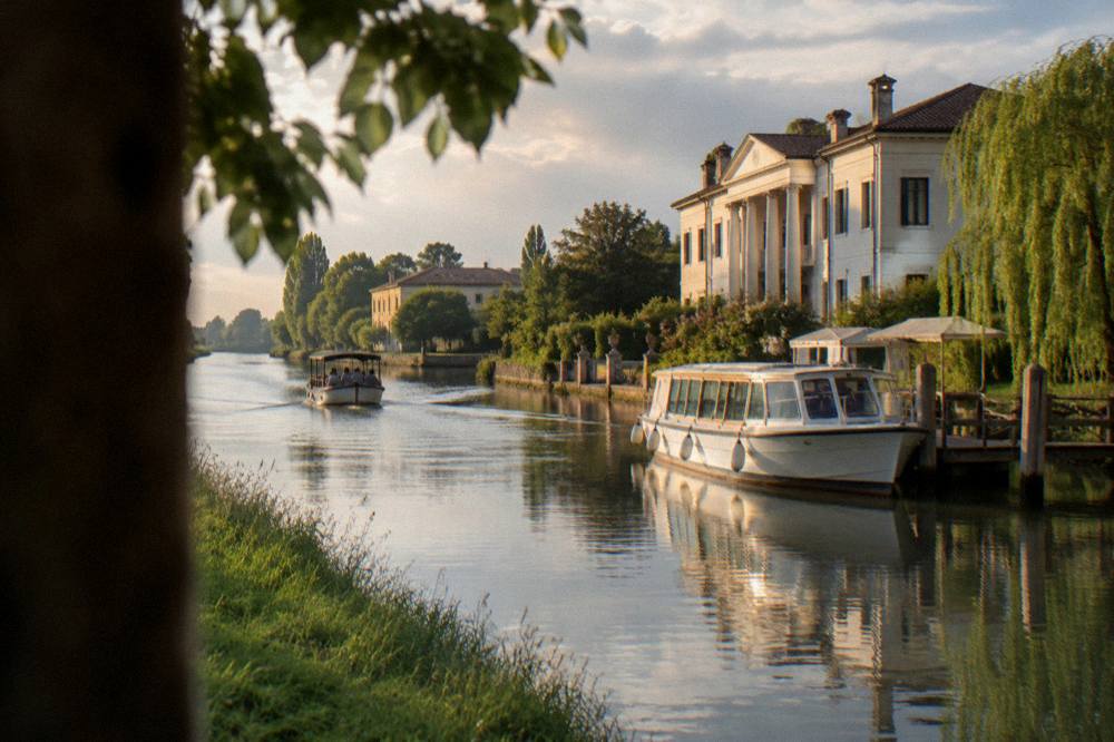 A cruise boat moored at a canal jetty at golden hour with a villa behind it
