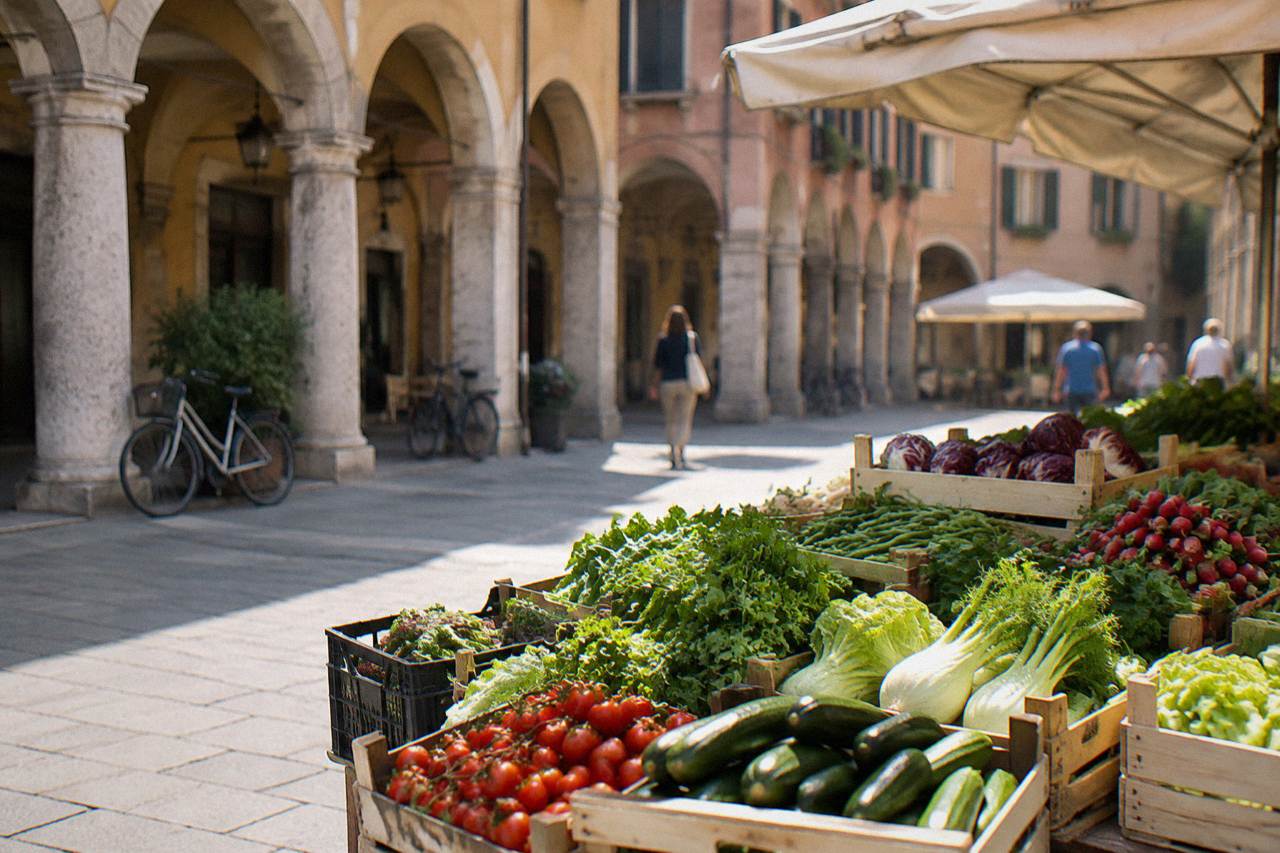 An outdoor market stall in a Padua square with crates of fresh vegetables and a stone arcade behind it