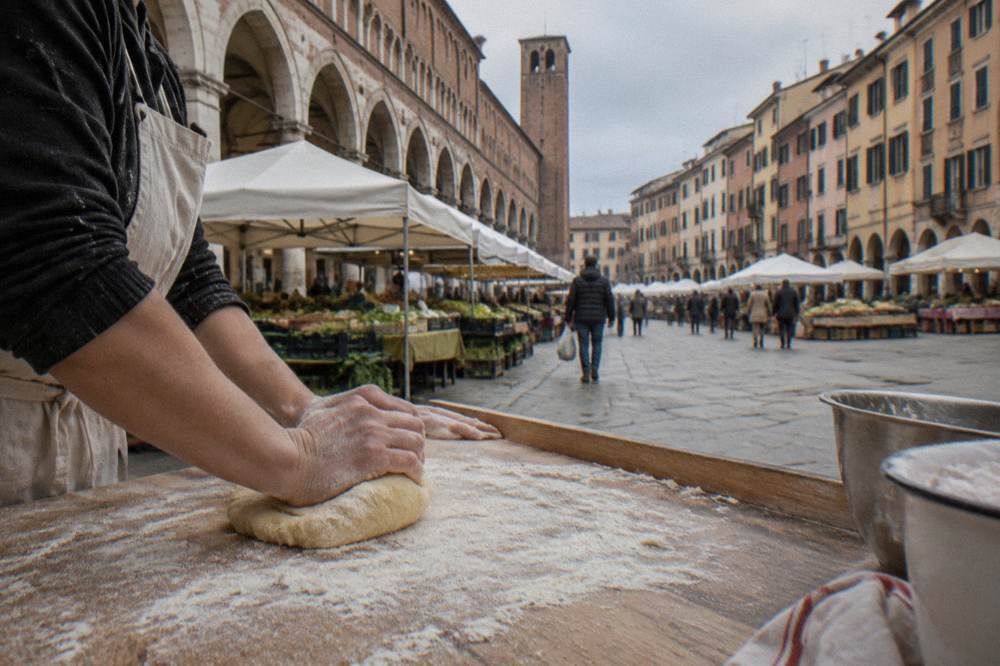 Hands kneading fresh pasta dough on a floured wooden board in a kitchen