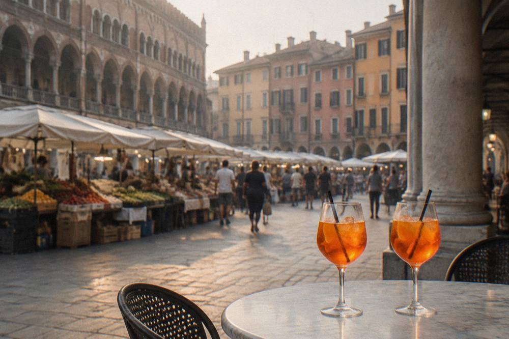 Two orange spritz glasses on a marble table in an arcaded square at dusk