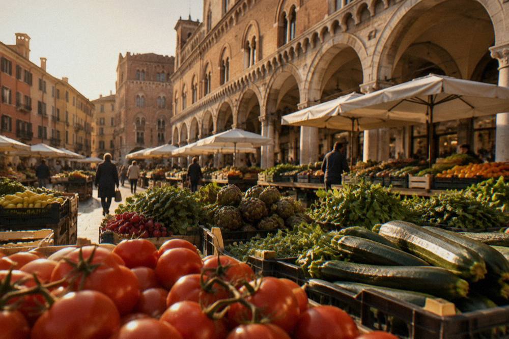 Market stalls beneath the arcades of Piazza delle Erbe in Padua